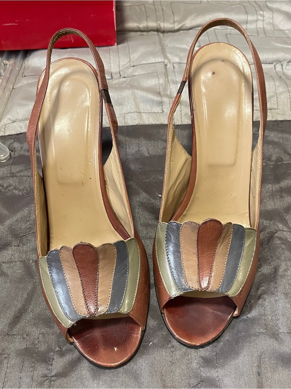 Leather Multicolor Peep-Toe Slingback Heels